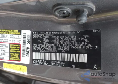 2013 Toyota Sienna Xle 7 Passenger из США, поврежденный, VIN 5TDDK3DC0DS070828